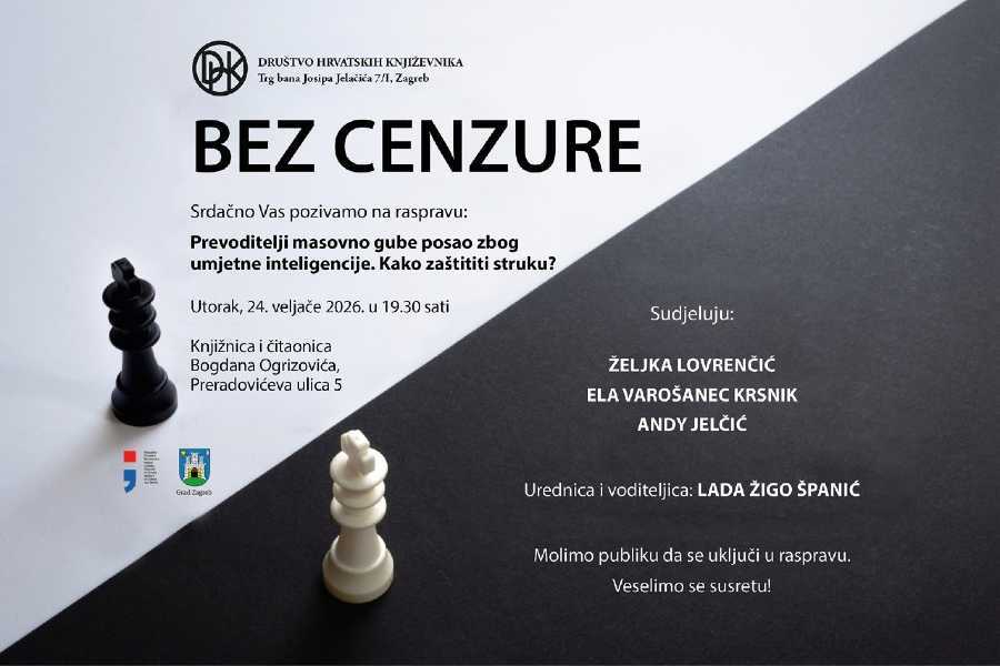 Zagreb - mojzagreb.info, Događanja - Tribina Bez cenzure - Prevoditelji masovno gube posao zbog umjetne inteligencije. Kako zaštititi struku?